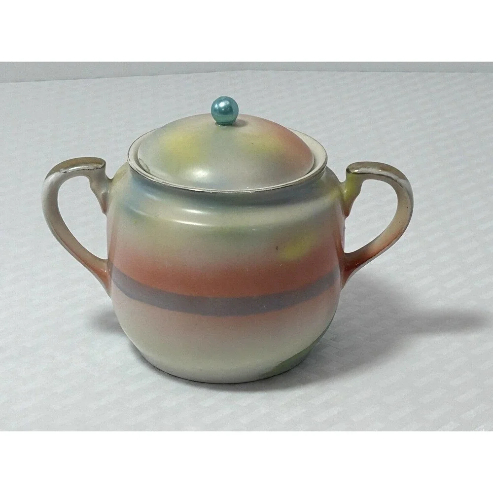 Noritake Hand Painted Vintage Sugar Bowl W/Lid Lake Scene Sunset W/ Swan‎